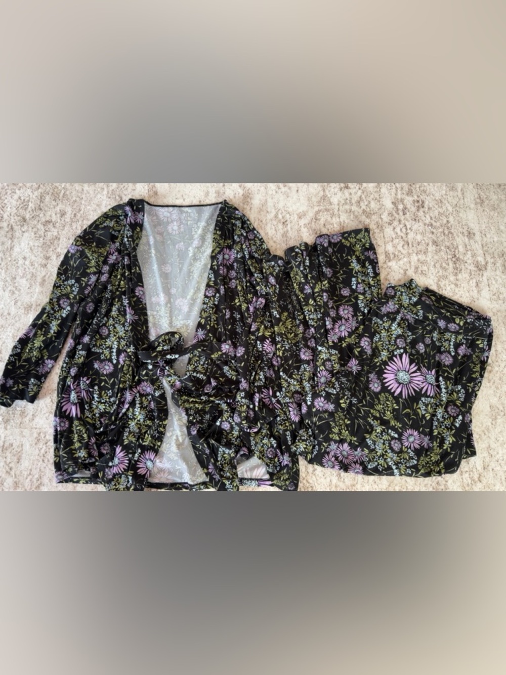 Black Floral Tie-Front Top with Lavender & Olive Print